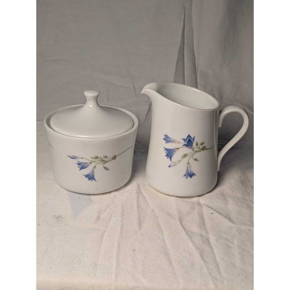 Corning Blue Bell Creamer and Sugar Bowl Set Vintage White Blue Floral 81-TY